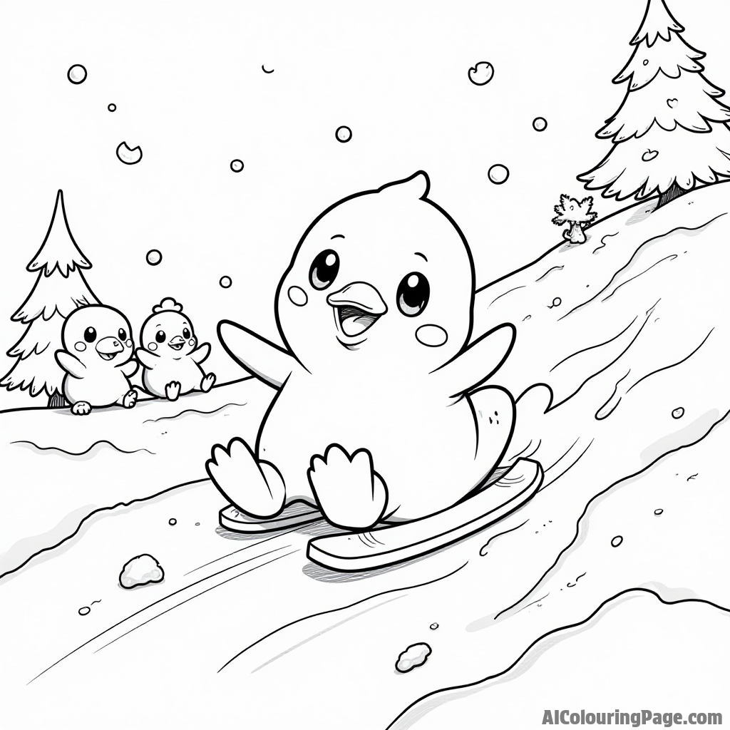 A playful Piplup sliding down a snowy hill with other Pokémon watching and enjoying the winter fun and laughter.