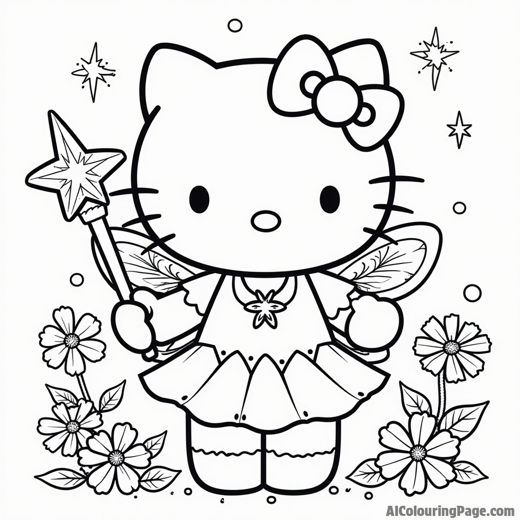 Hello Kitty dressing up as a fairy with sparkling wings, a magic wand, and flowers surrounding her