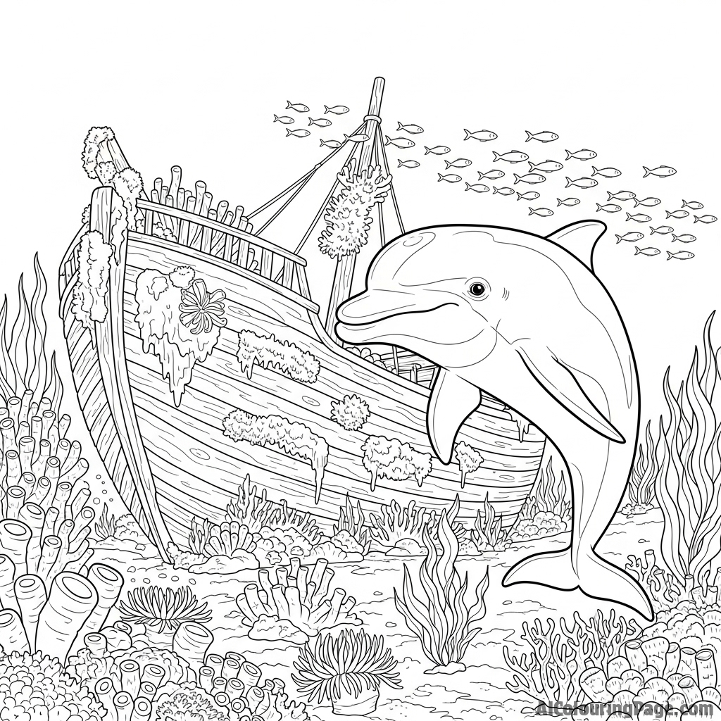 A solitary dolphin curiously investigating a sunken shipwreck overgrown with marine life.