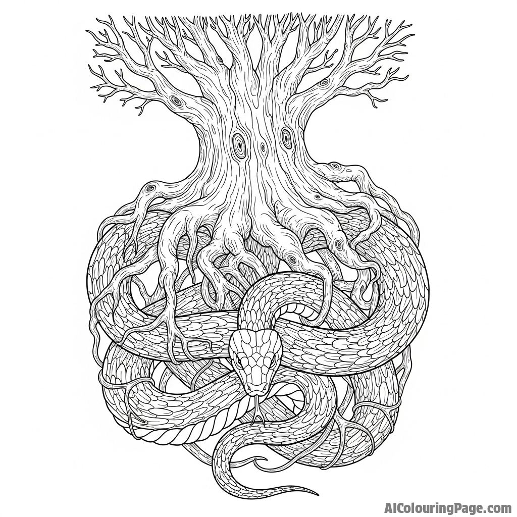 A snake formed from the gnarled roots of a giant, mystical tree, inseparable from the earth.
