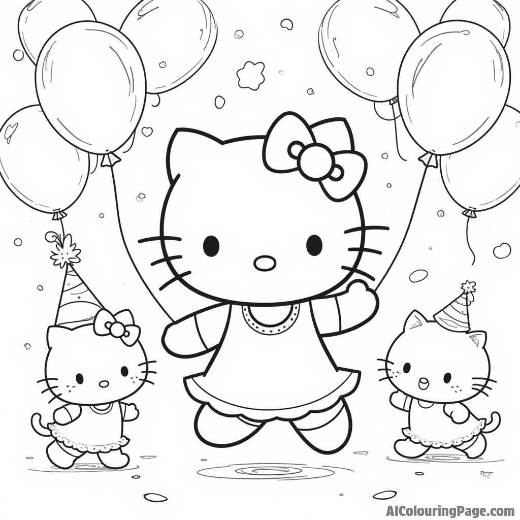 Hello Kitty dancing at a fun party with colorful balloons, streamers, and her friends joining in the celebration