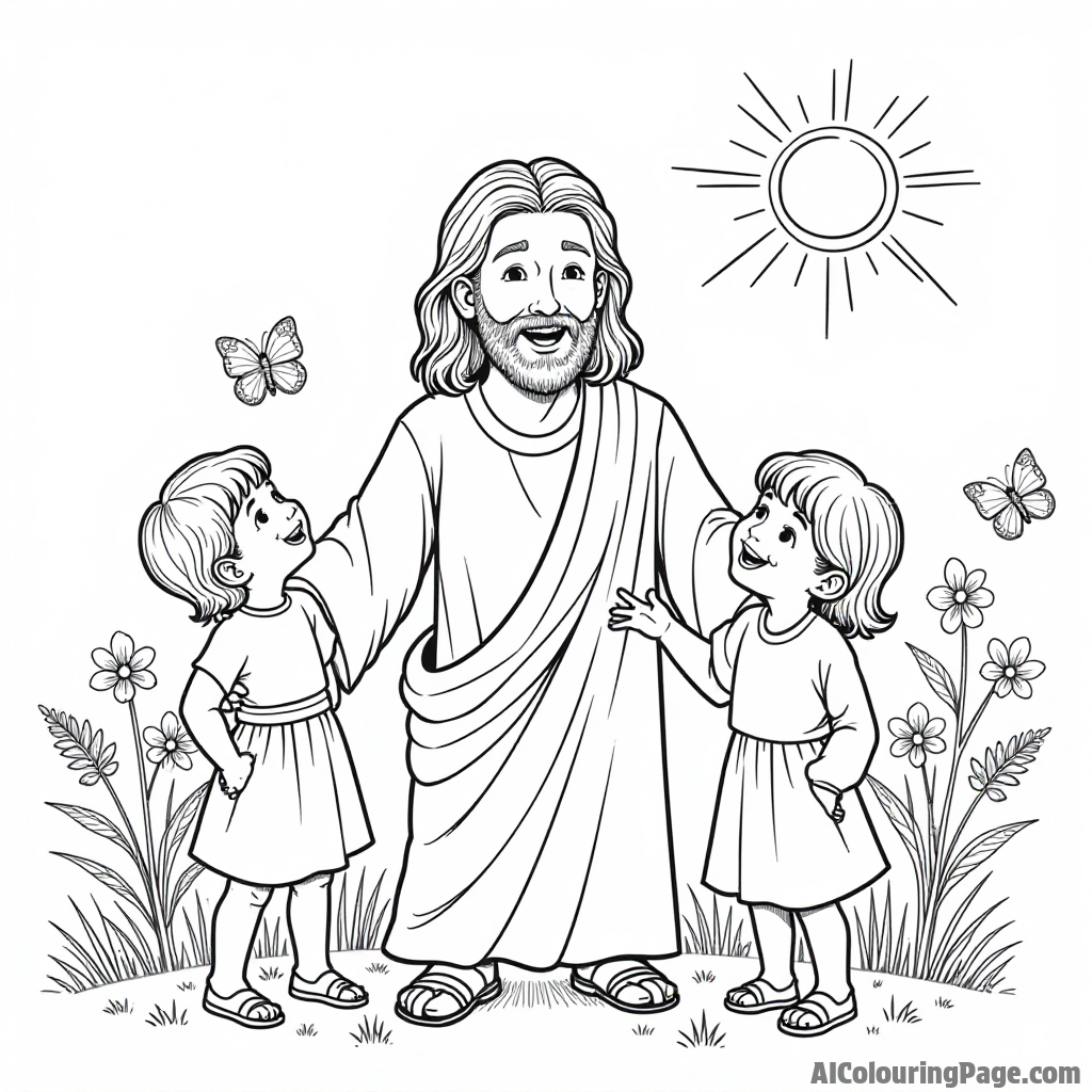 A joyful scene of Jesus with children, surrounded by flowers, butterflies, and a bright sun shining down on them.