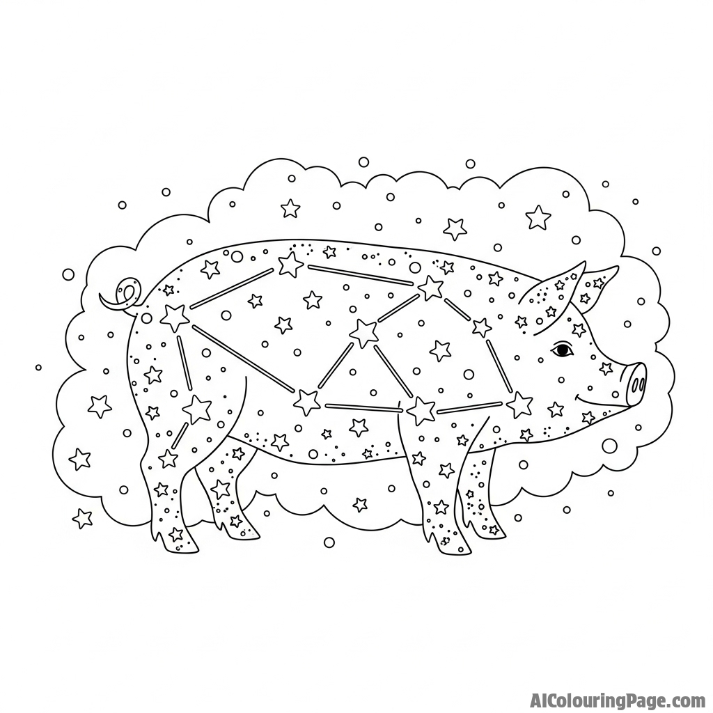 A pig made of constellations and stardust against a deep space background.