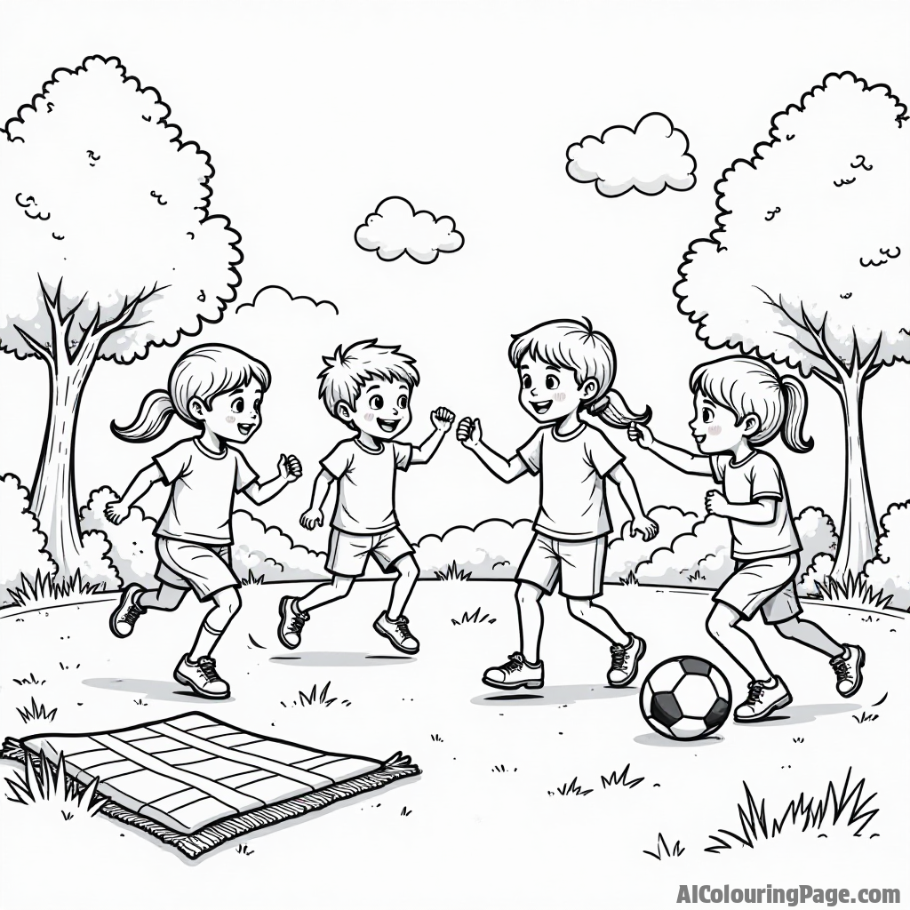 A group of children playing soccer in a park, with trees in the background, a picnic blanket nearby, and a soccer ball in mid-air, designed as a black and white coloring page.