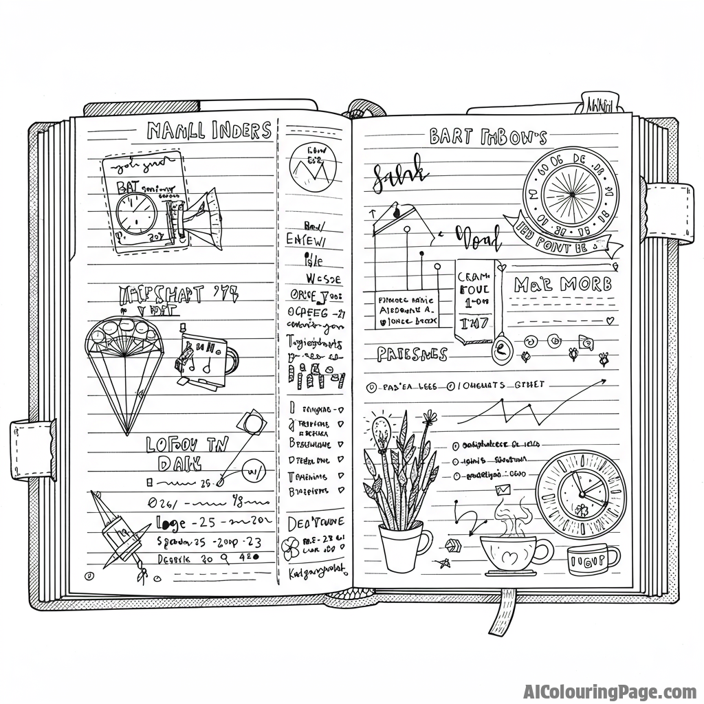 An open notebook filled with handwritten notes and sketches.
