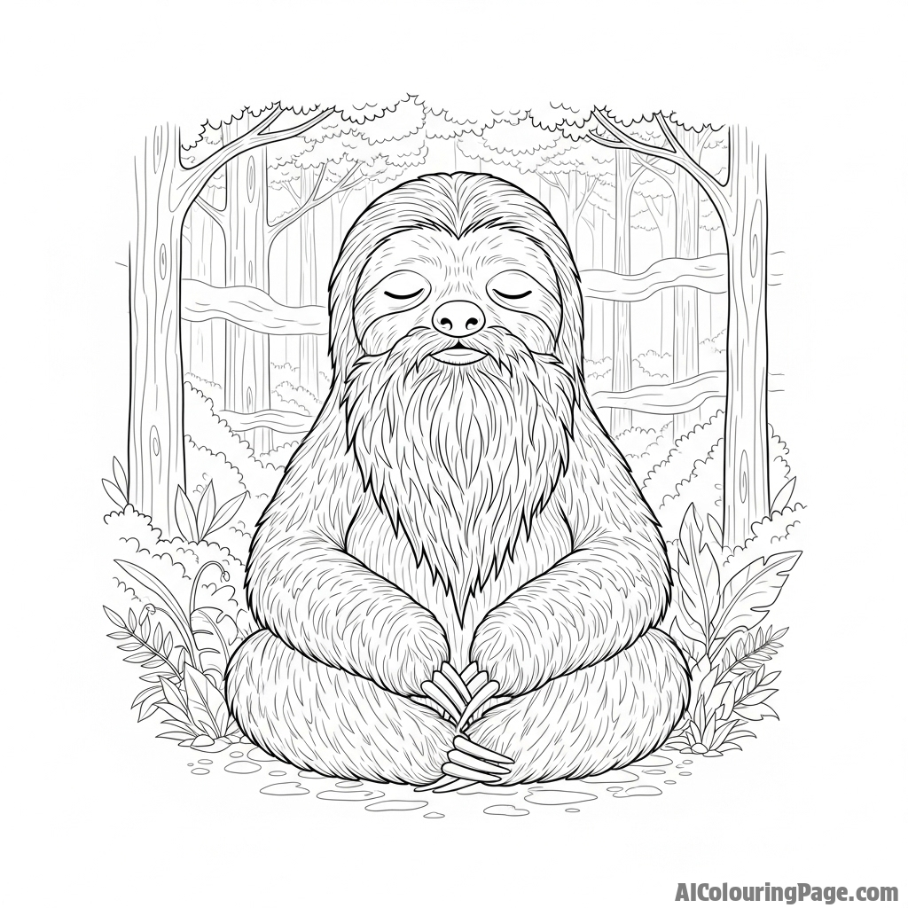 A wise old sloth with a long beard of moss, meditating in a misty forest.