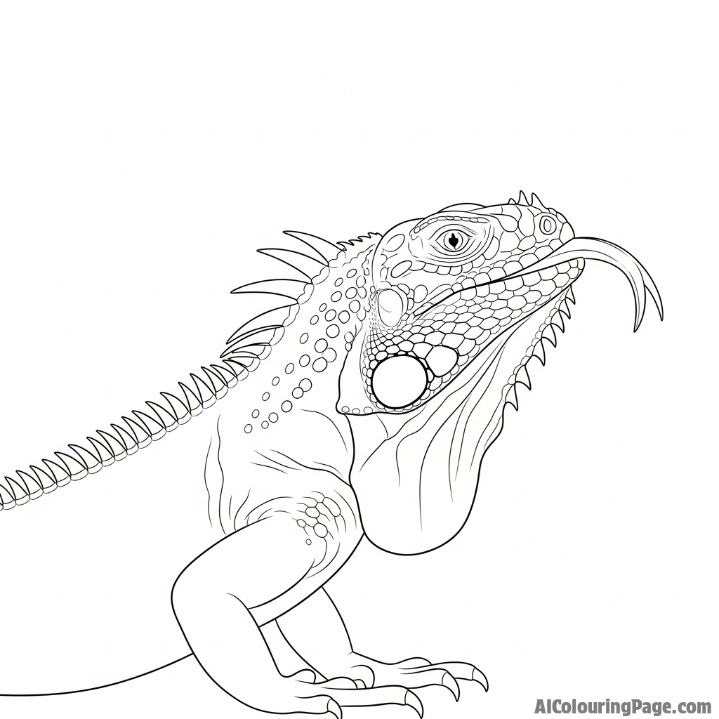 An iguana flicks its forked tongue out to taste the air.