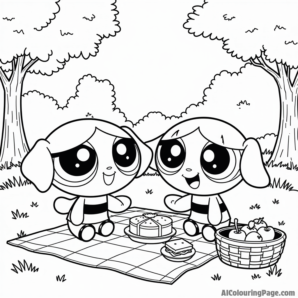 The Powerpuff Girls enjoying a picnic in the park, with a checkered blanket, sandwiches, and a basket of fruits