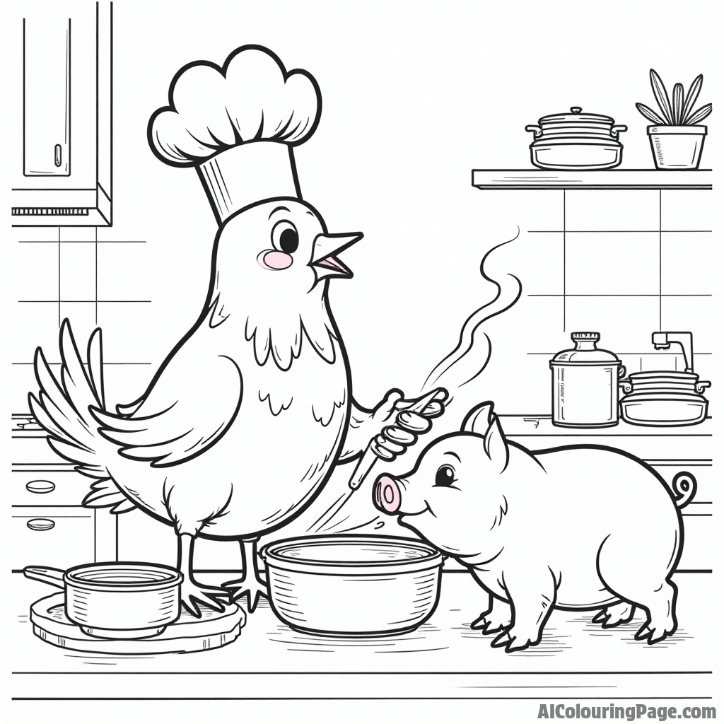 A bird wearing a chef's hat cooking in a kitchen full of pots, pans, and a pig trying to sneak food