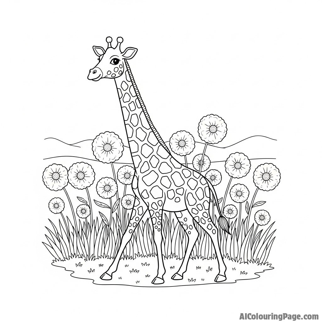 A giraffe walking through a field of flowers that are as tall as its legs.