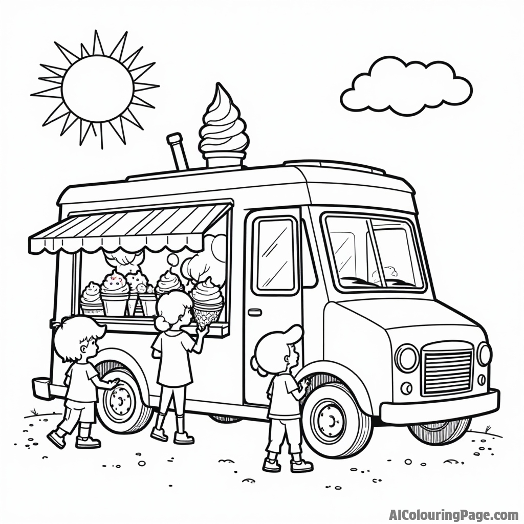 A whimsical ice cream truck parked under a sunny sky with children happily choosing their favorite flavors from the menu