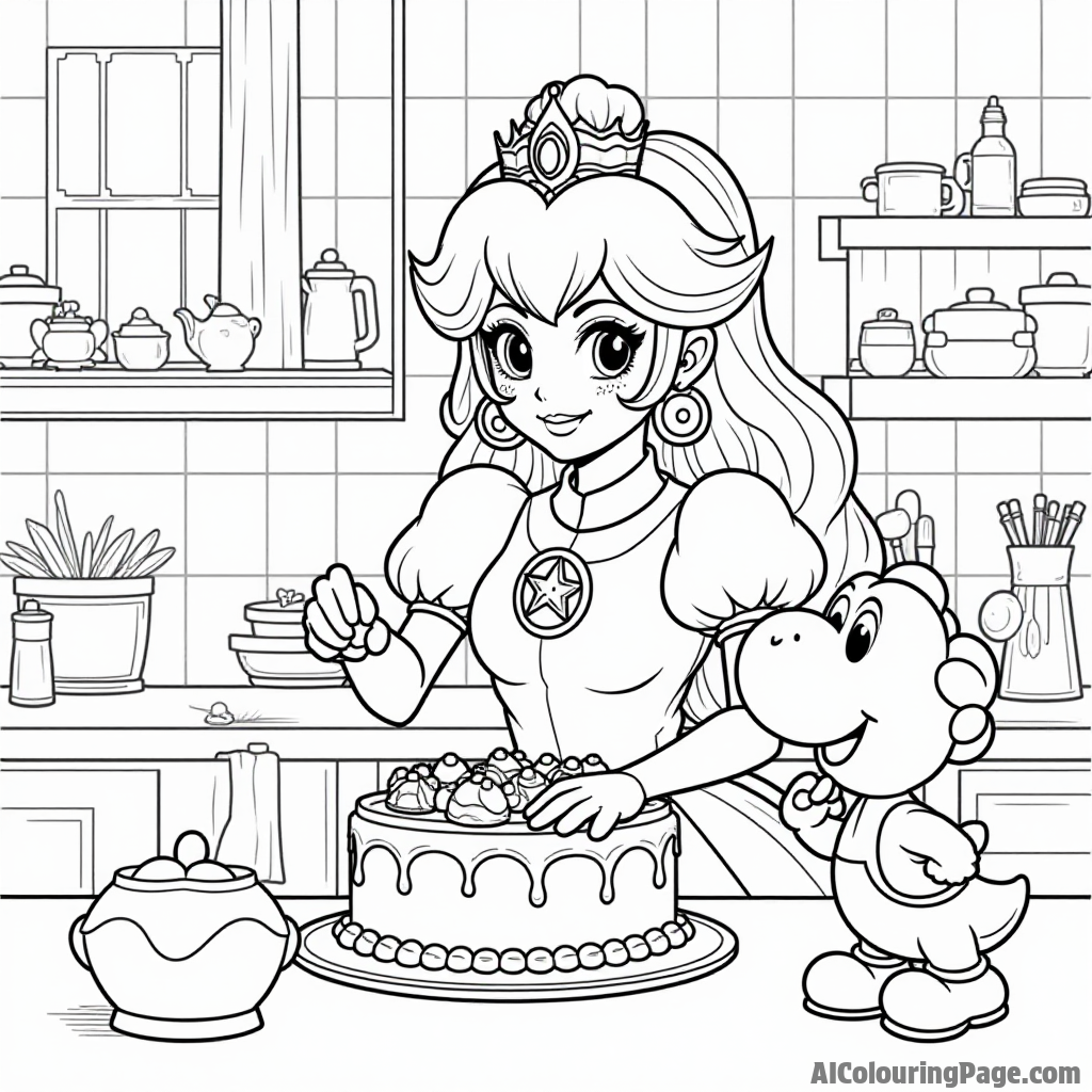 Princess Peach baking a cake in her castle kitchen with Toad and a friendly Yoshi nearby.