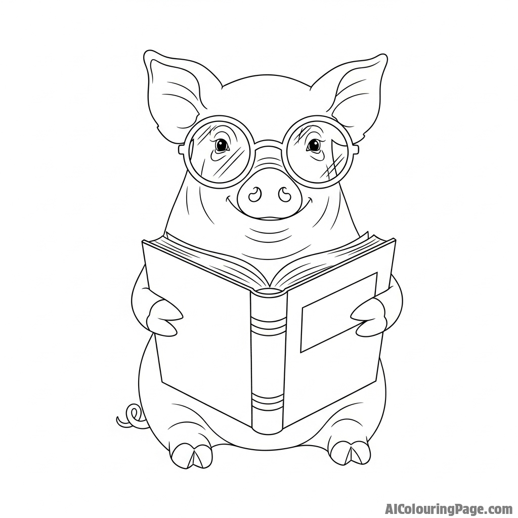 A pig wearing oversized reading glasses, engrossed in a thick book.