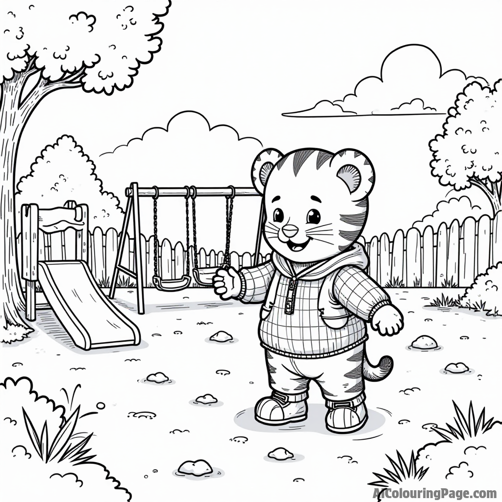 Daniel Tiger playing with his friends in a colorful playground filled with swings, slides, and a big sandbox for fun.