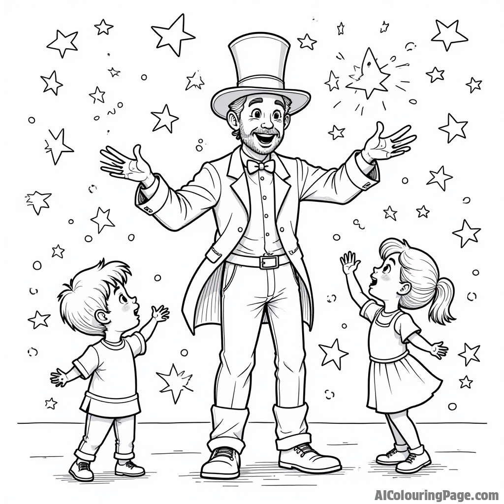 A joyful magician performing tricks, children gasping in amazement, and a colorful backdrop filled with stars, perfect for a Festivals and Traditions Coloring Sheet.