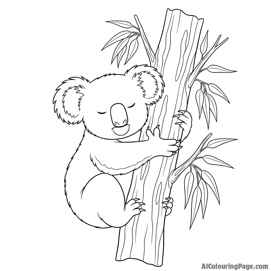 A koala clinging to a eucalyptus tree, looking sleepy