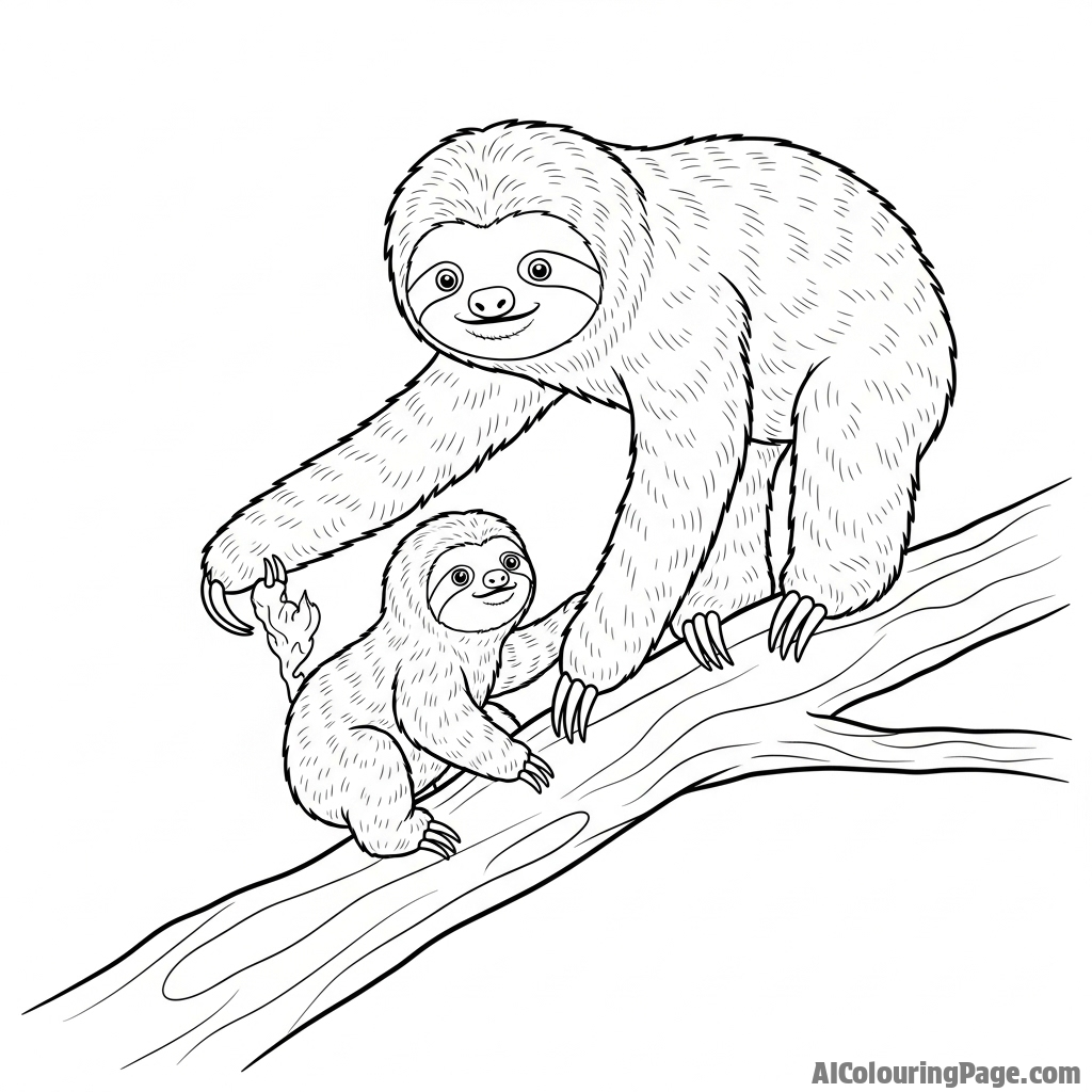 A heartwarming scene of a mother sloth teaching her baby to climb.