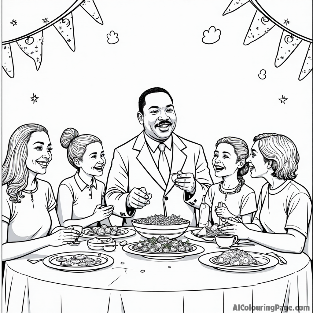 An illustration of Martin Luther King Jr. at a community dinner, sharing food with families, laughter all around, and festive decorations, inviting children to bring it to life with color.