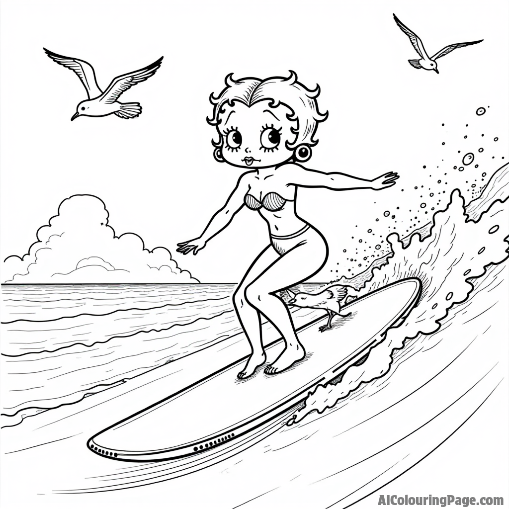 Betty Boop surfing on a wave at the beach with seagulls flying overhead and a sunny sky in the background