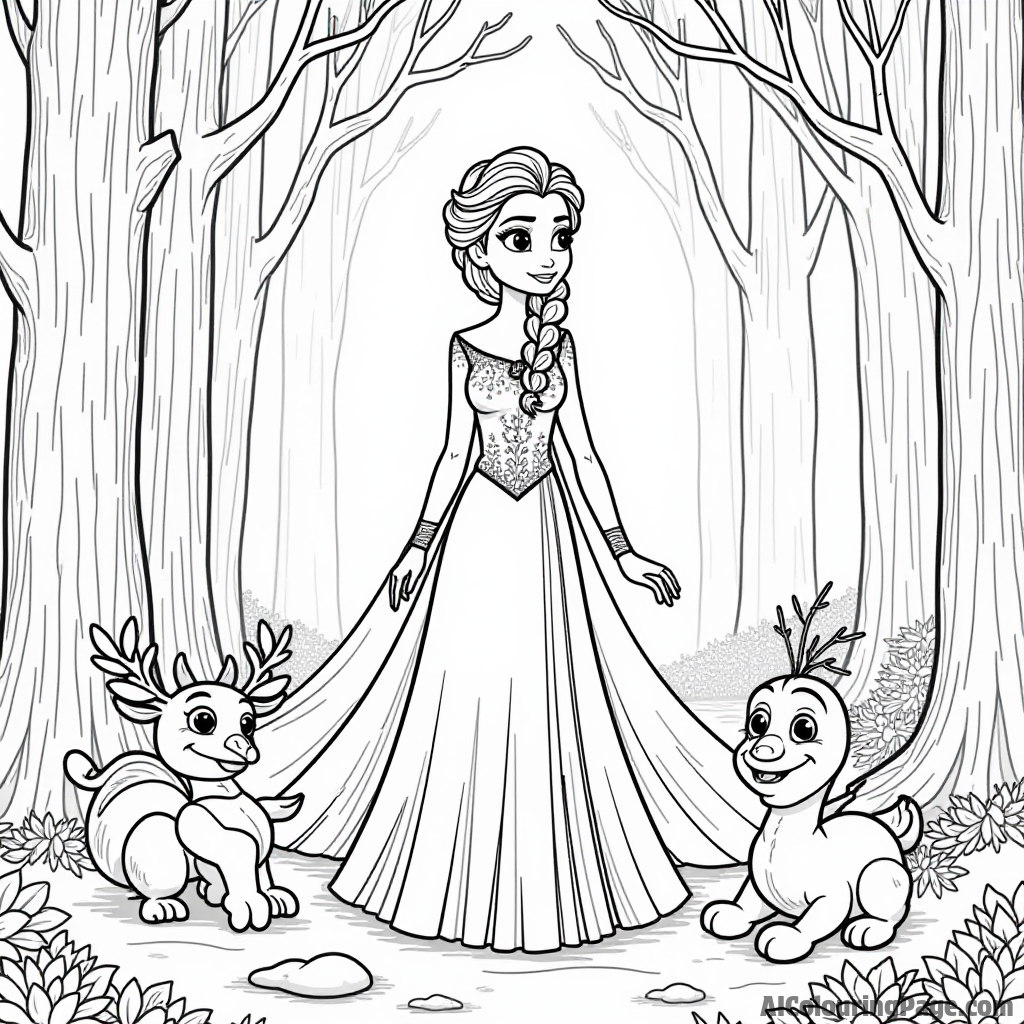 Elsa surrounded by magical creatures in a snowy forest