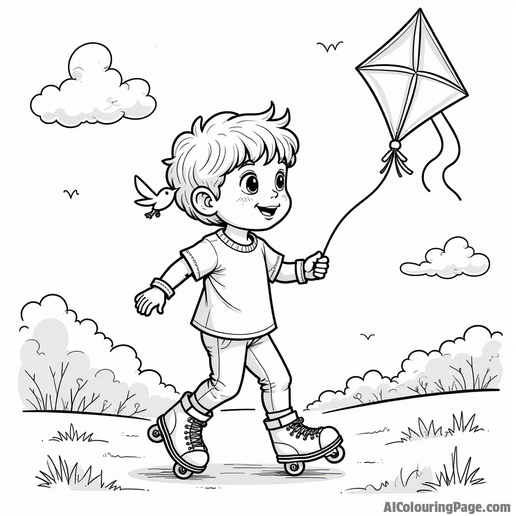 A young child roller-skating with a kite flying above, surrounded by fluffy clouds and birds, promoting outdoor play and sports activities in an imaginative coloring page for kids.