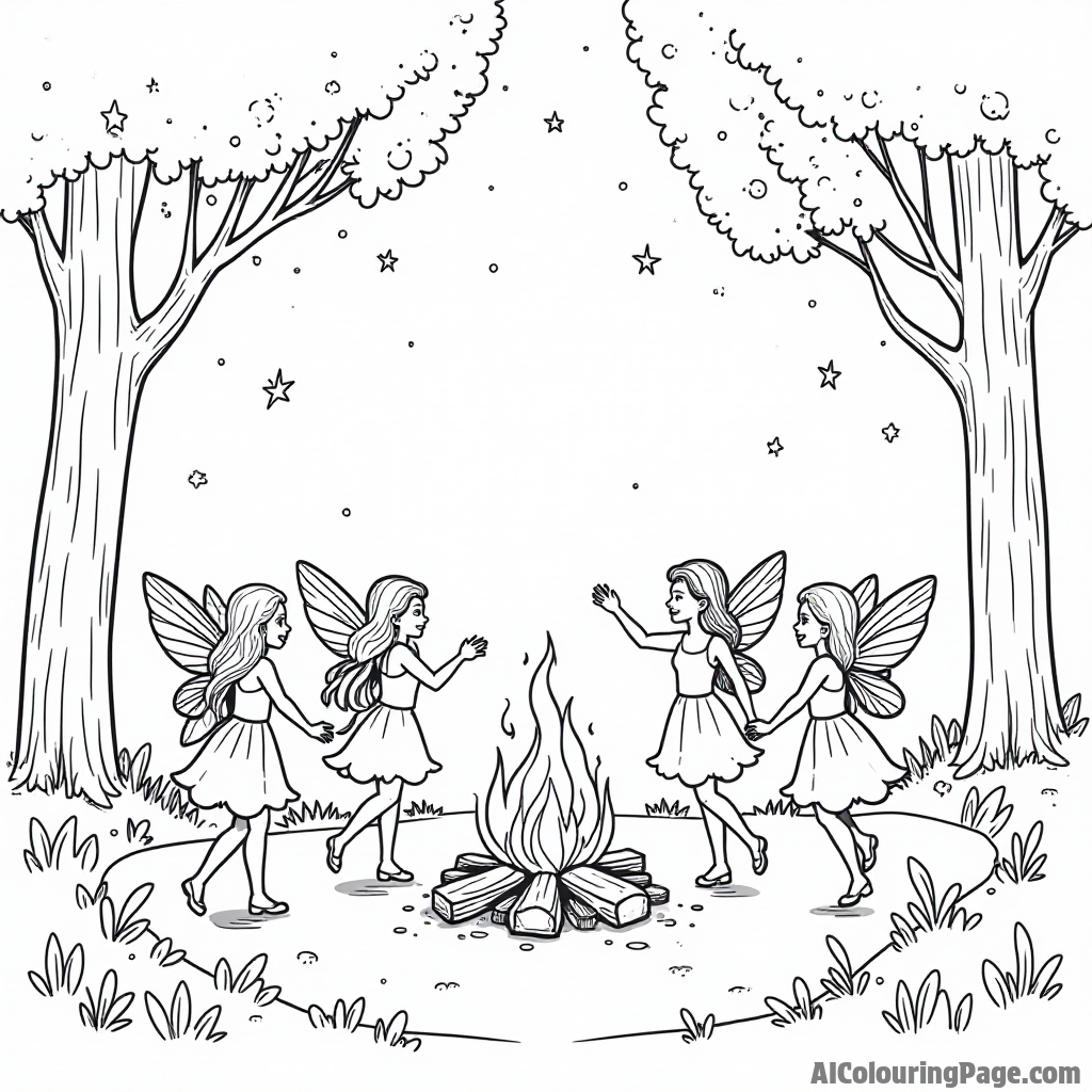 A group of fairies dancing around a bonfire in a clearing surrounded by tall trees and twinkling lights