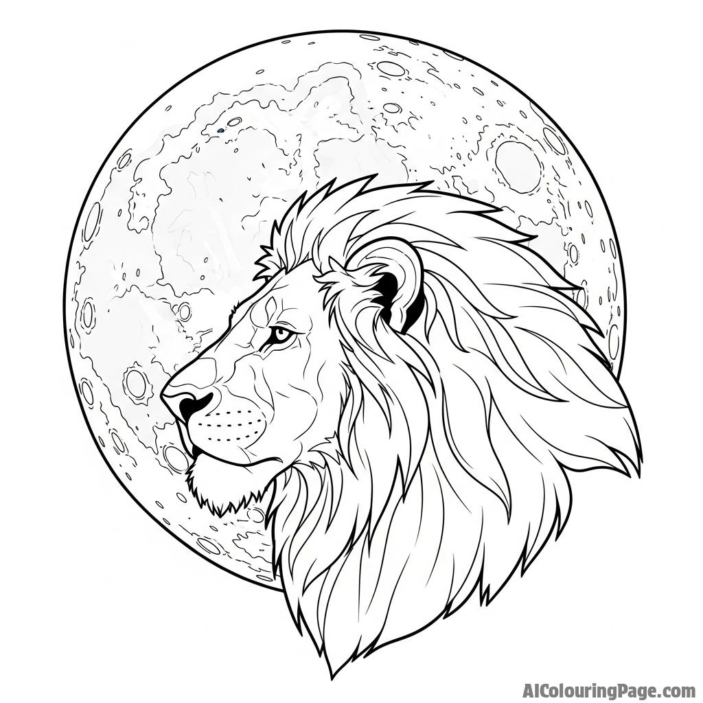 A lion's regal profile silhouetted against a massive, detailed full moon.