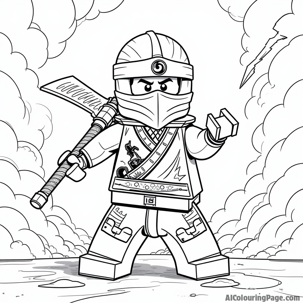 A Lego Ninjago character showcasing their unique weapon in an epic stance, with a dramatic background of swirling clouds and lightning, designed to inspire creativity in young artists.