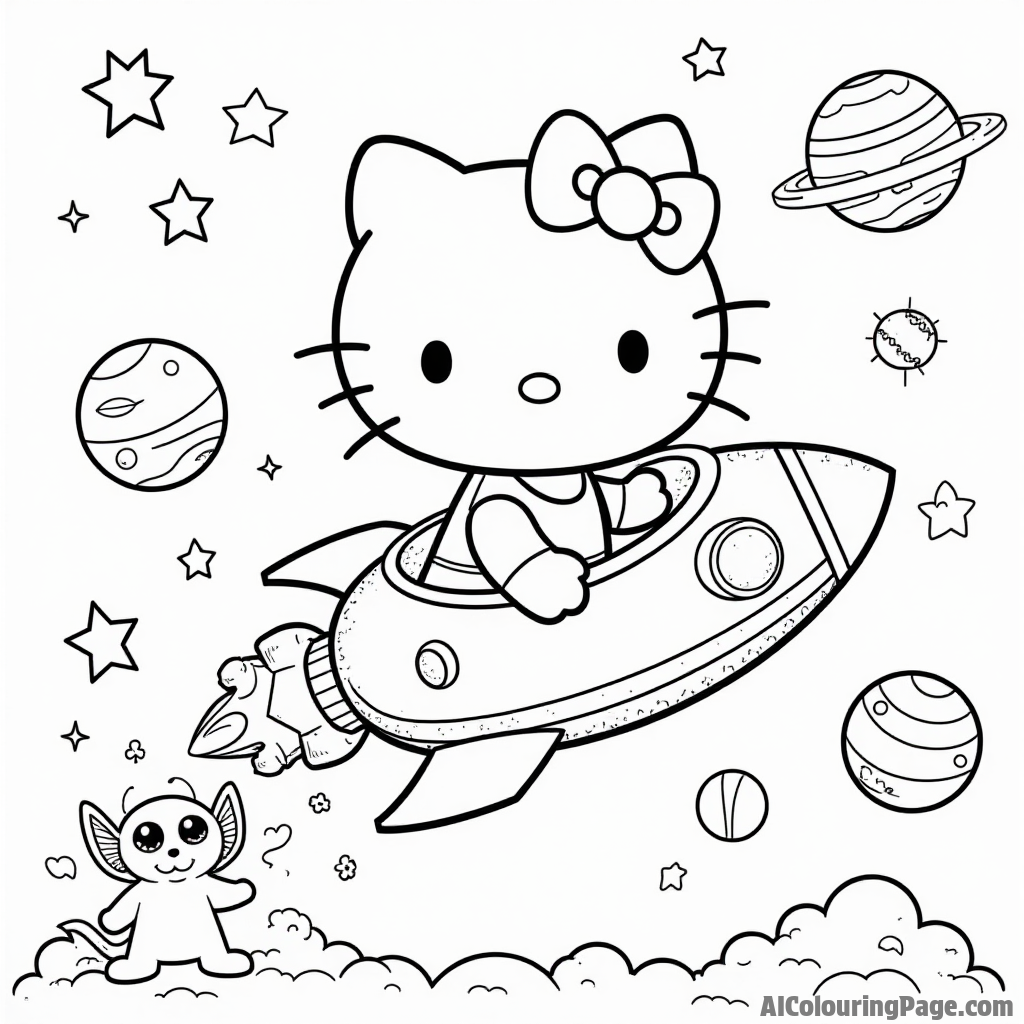 Hello Kitty exploring space in a rocket ship with stars, planets, and a cute alien waving hello