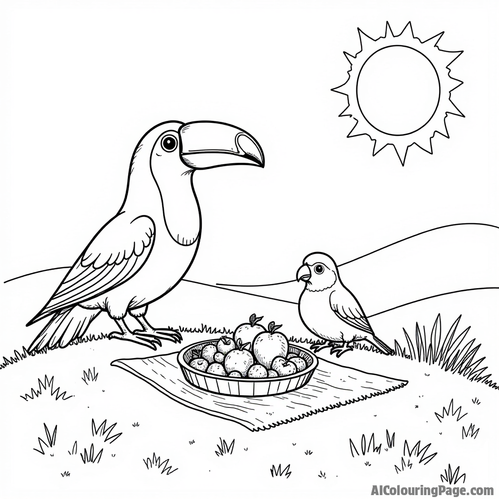 A toucan and its bird friends having a picnic on a grassy hill with delicious fruits and a bright sky above.