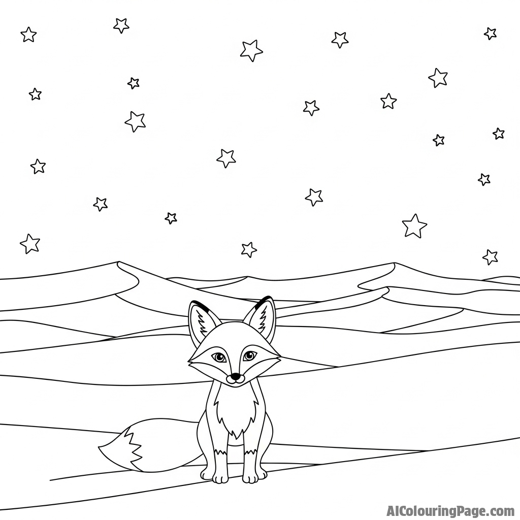 A fox standing at the edge of a vast, silent desert under a sky full of stars.