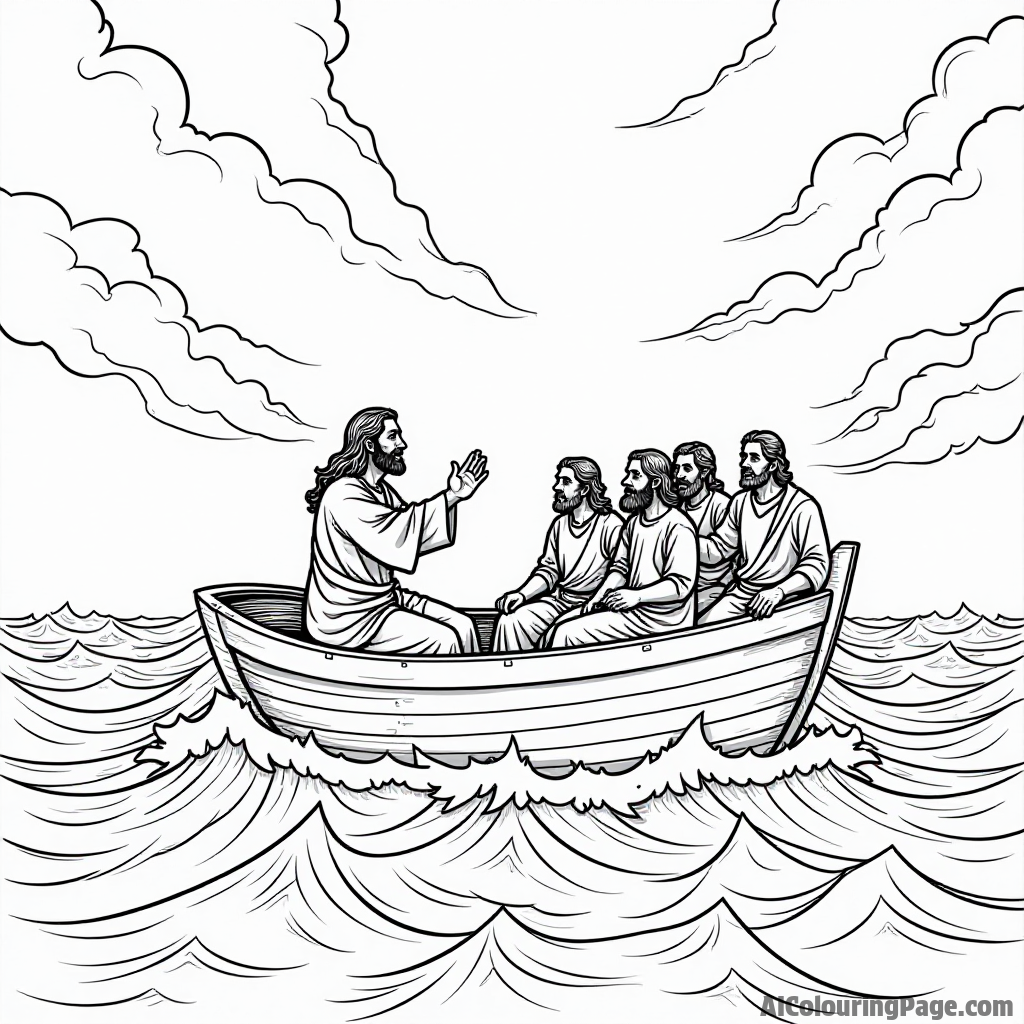 Jesus calming the storm, boat rocking on turbulent waves, frightened disciples, dark clouds beginning to clear