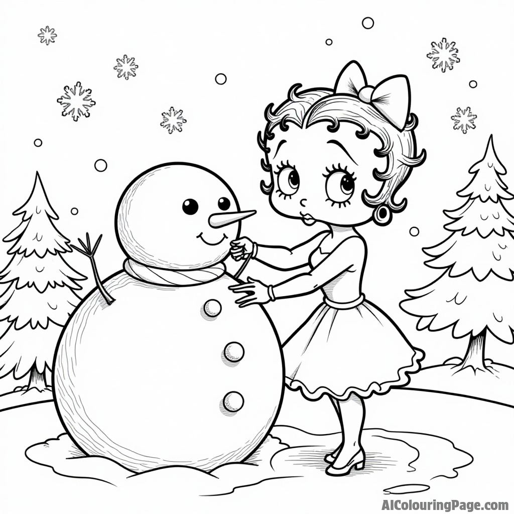 Betty Boop building a snowman in a winter wonderland with snowflakes and pine trees all around her