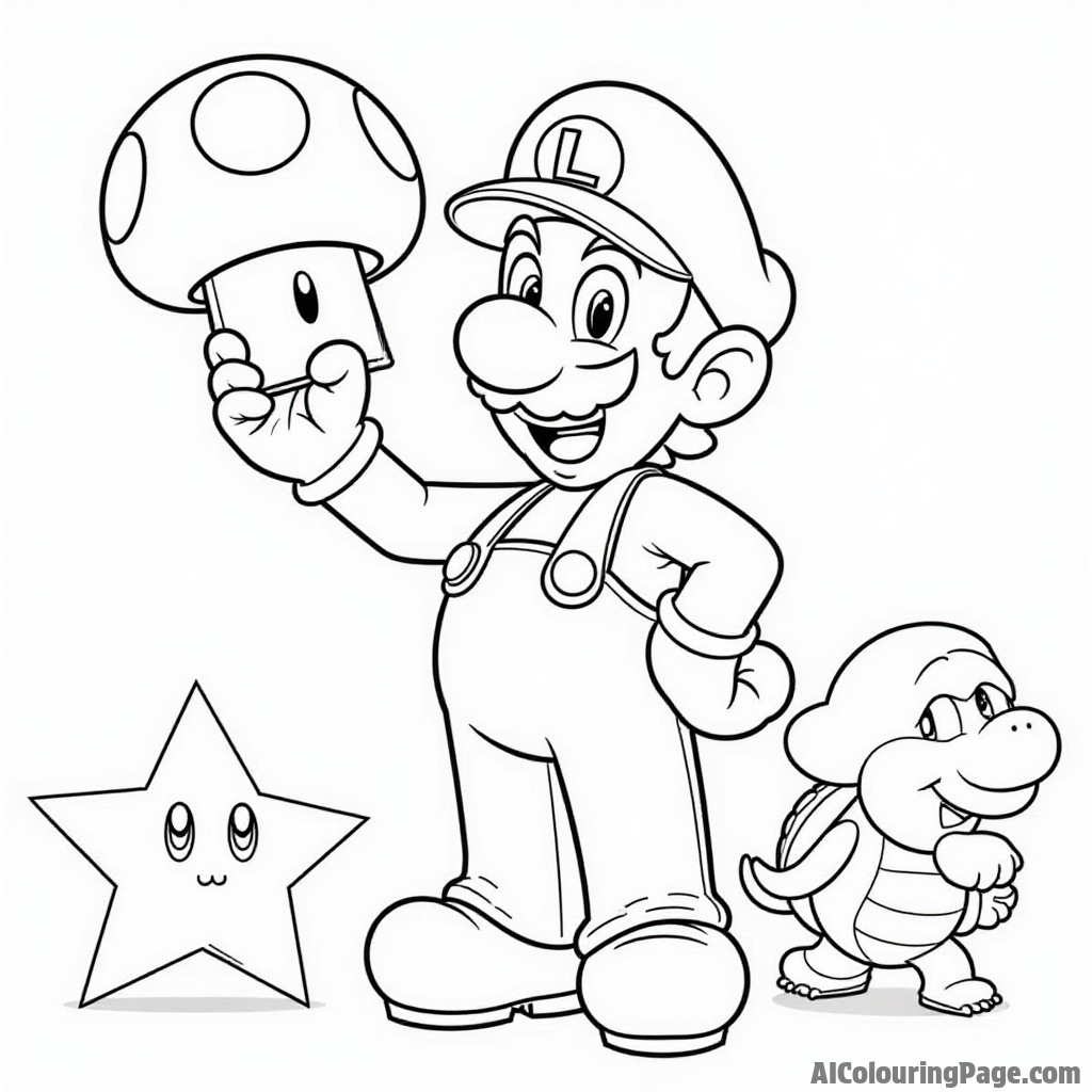 Luigi holding a power-up mushroom while standing next to a star and a Koopa Troopa.