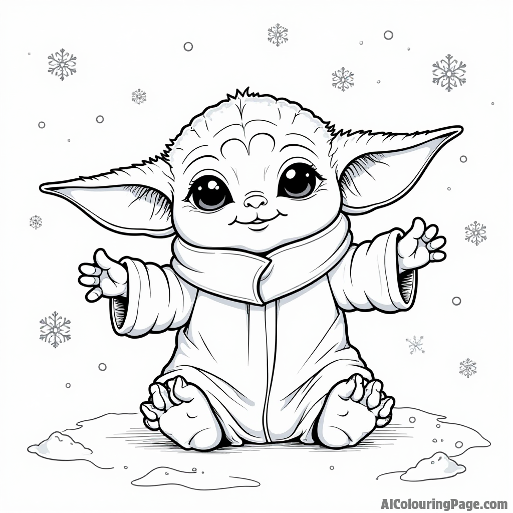 Baby Yoda making a snow angel in a winter wonderland with snowflakes falling