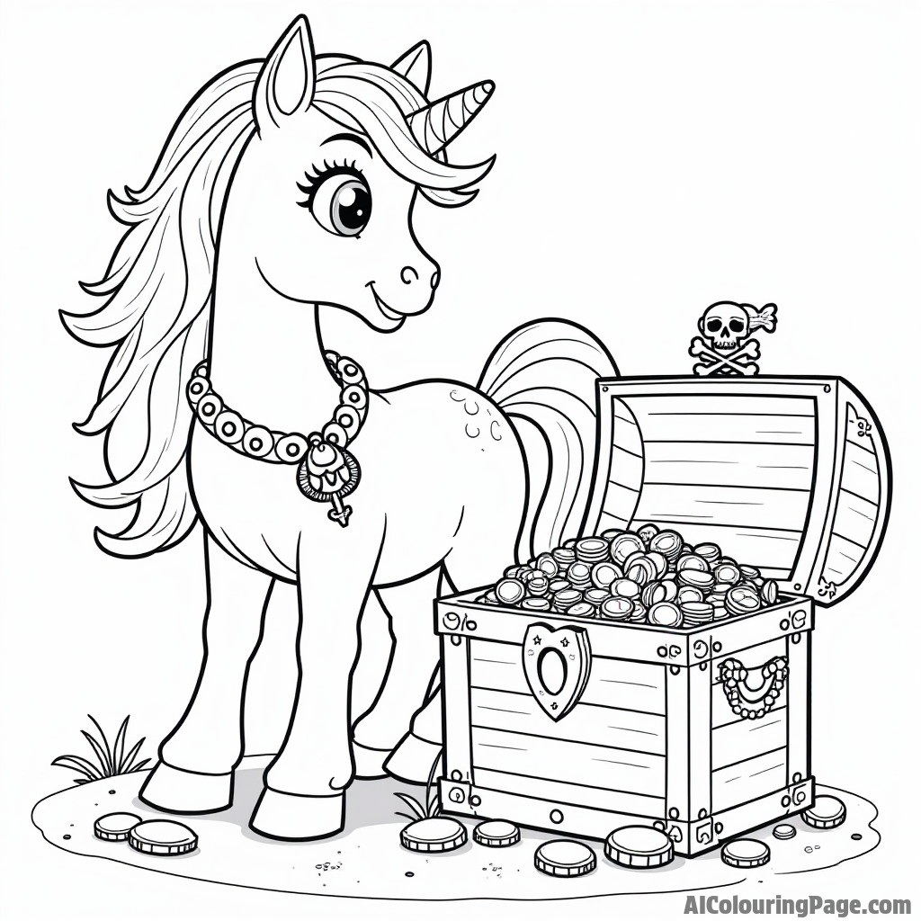 A pony with a treasure chest filled with jewels and coins surrounded by pirate-themed decorations on a beach.