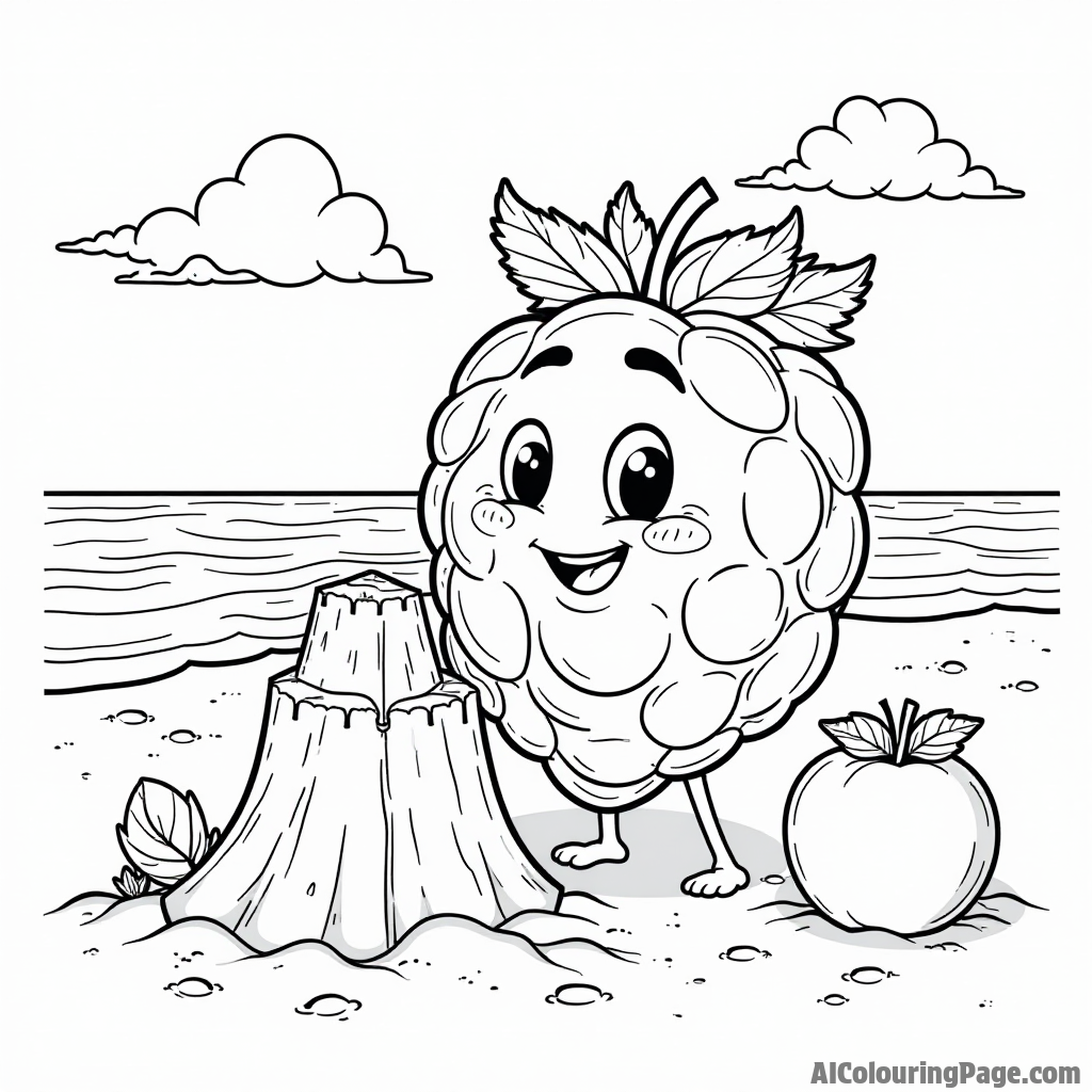 A friendly raspberry character enjoying a day at the beach, building a sandcastle with other fruit friends nearby.