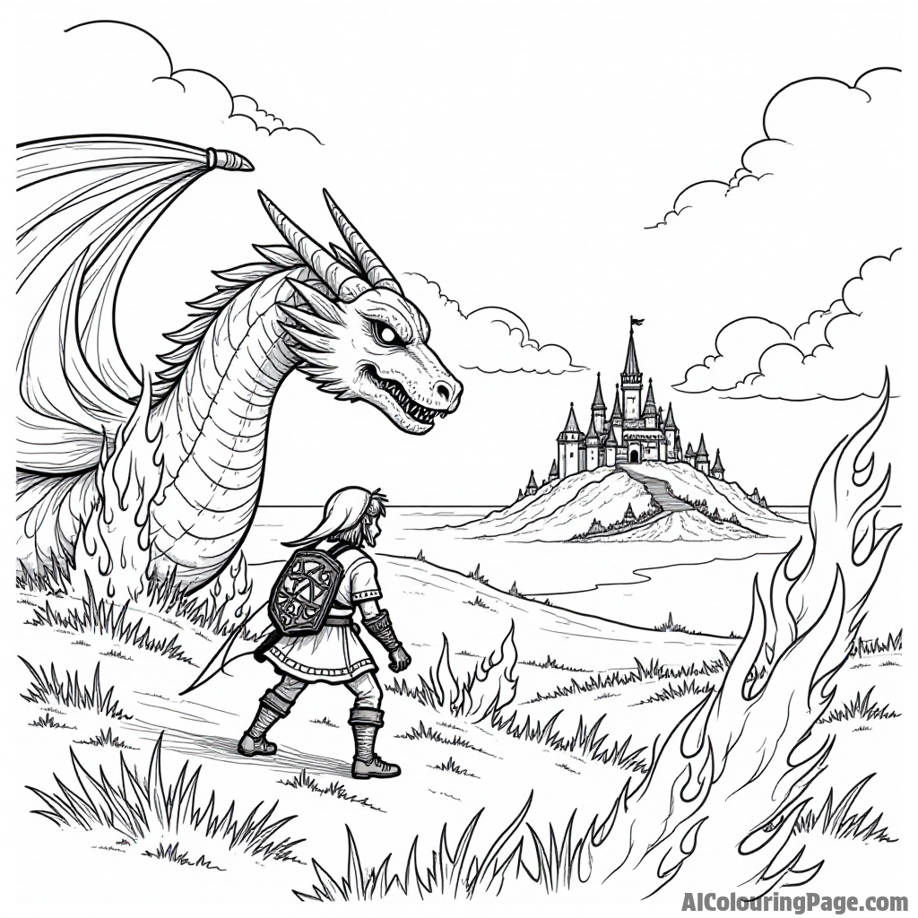 An epic battle scene with Link facing a dragon, flames erupting around, and a distant castle silhouetted against the sky