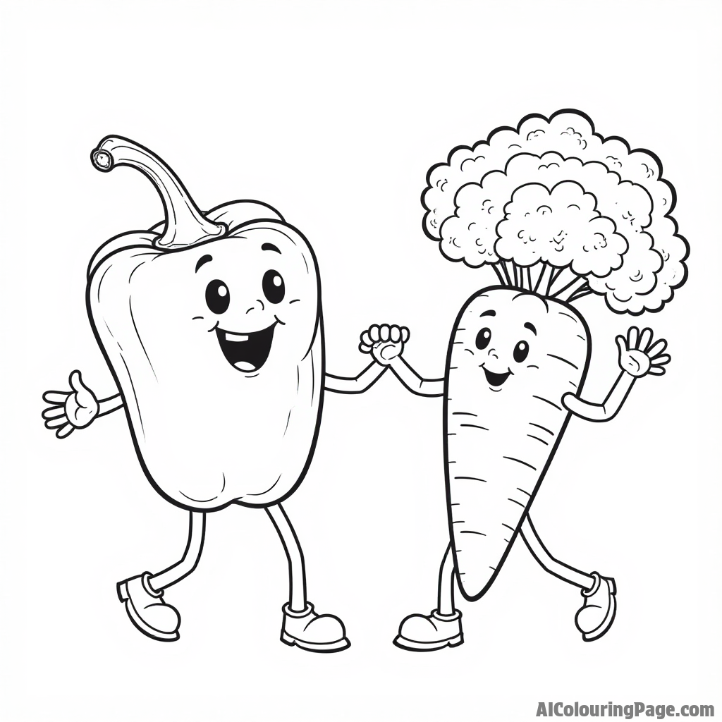 A friendly bell pepper holding hands with a carrot and broccoli, all dancing together in a vegetable parade.