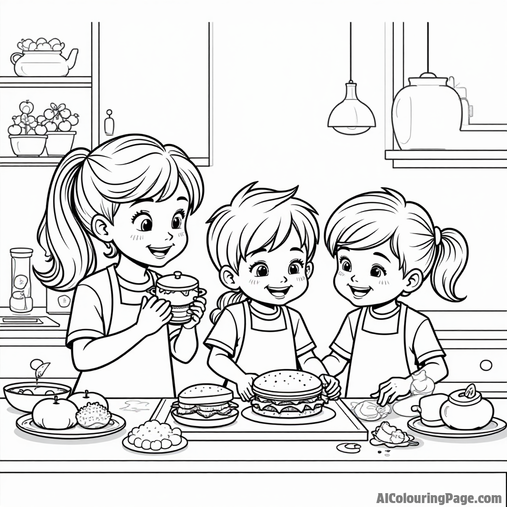 A cozy family kitchen scene with kids helping to make sandwiches, surrounded by colorful ingredients and smiles.