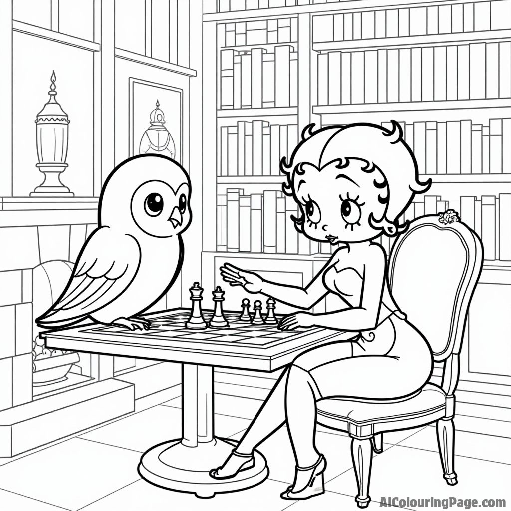 Betty Boop playing chess with a wise owl in a cozy library filled with books and a warm fireplace