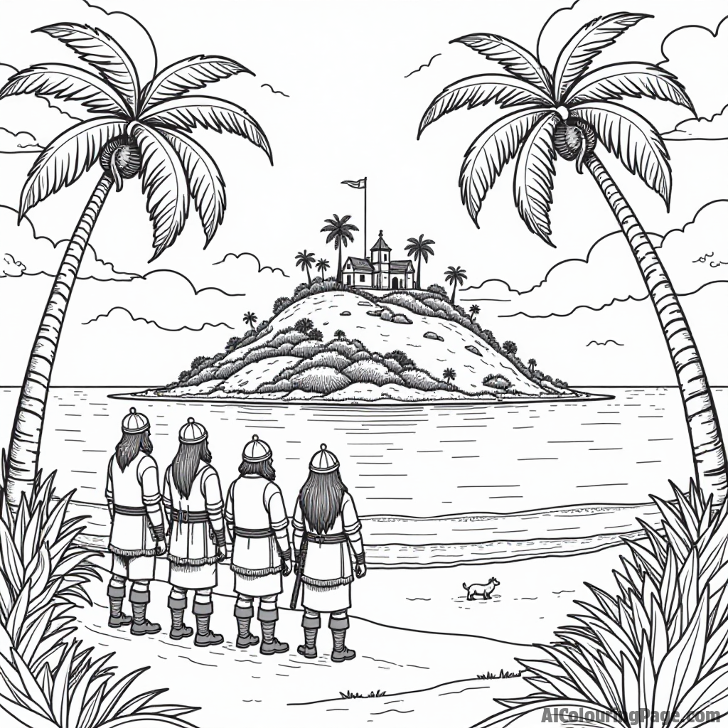 A group of Viking explorers standing on a beach, gazing at a mysterious island, with palm trees and exotic animals, inspiring curiosity and adventure in this coloring page.