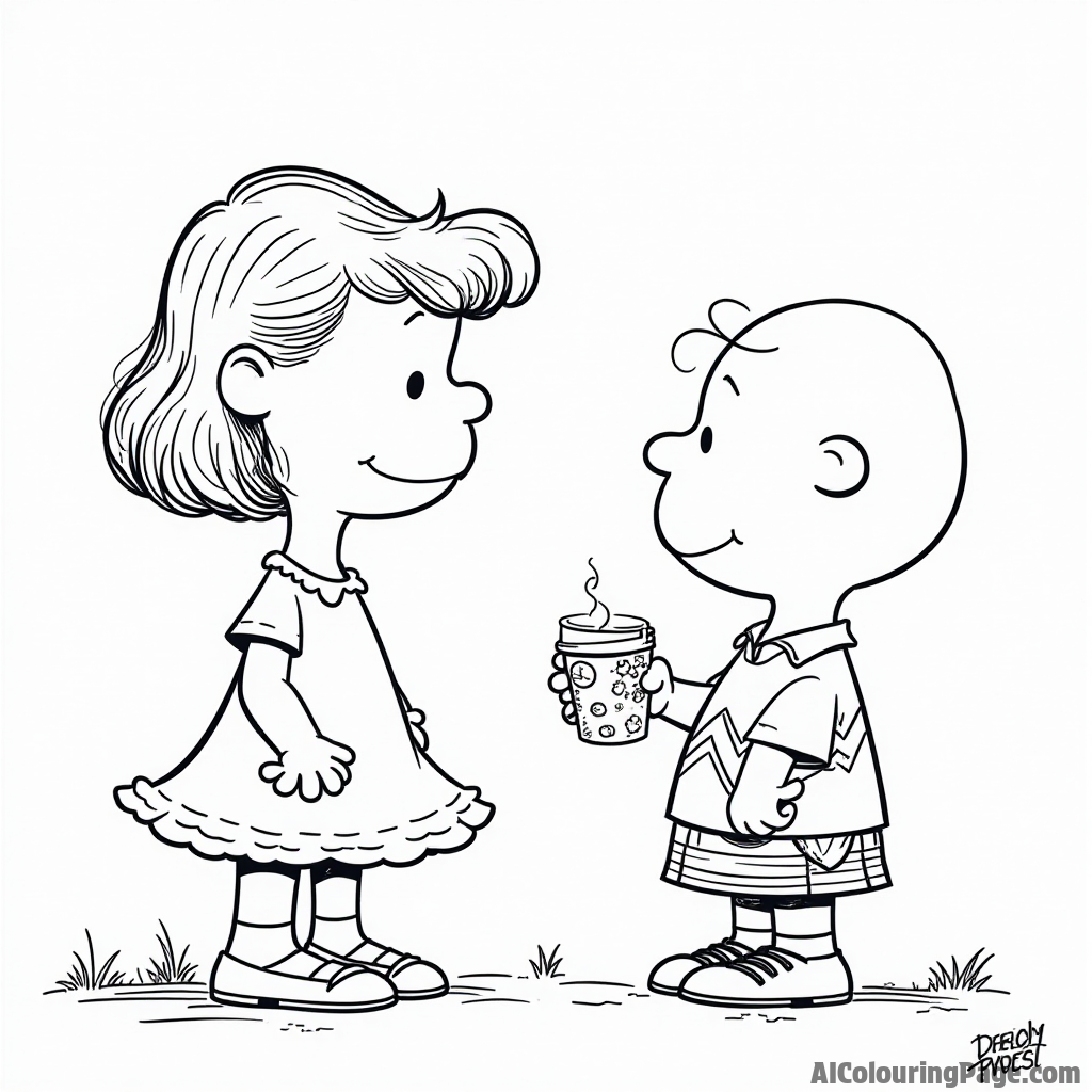 Lucy trying to sell lemonade at a stand with a sign and Charlie Brown holding a cup in front of her