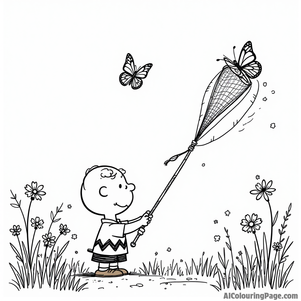 Charlie Brown trying to catch butterflies with a net in a field filled with colorful flowers and tall grass