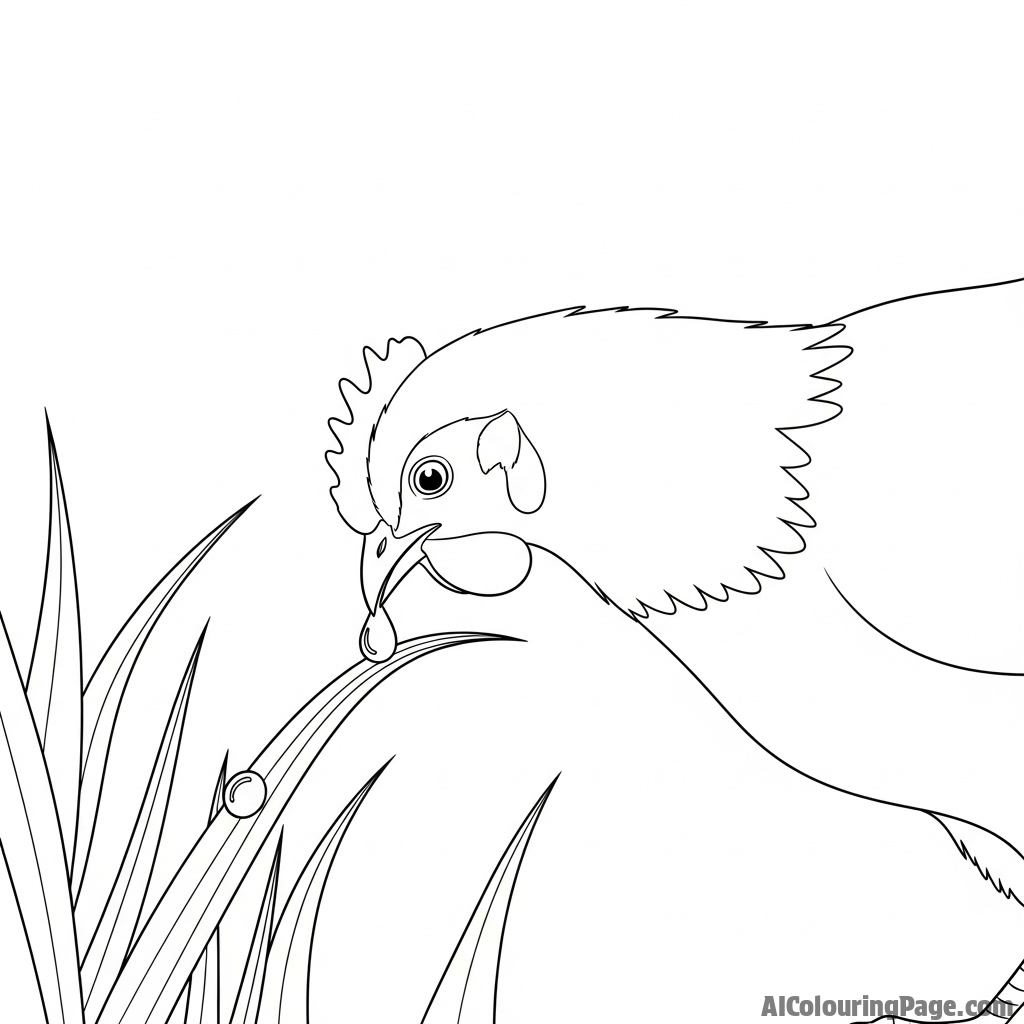 A chicken curiously pecking at a dewdrop on a blade of grass.