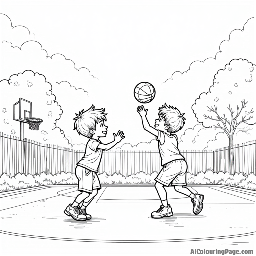 A basketball court with two kids playing a friendly match, one shooting a basketball while the other is defending, surrounded by cheering friends, ideal for a fun coloring page.