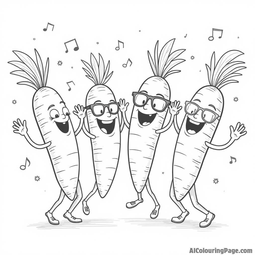 A group of dancing carrots in a fun dance-off, wearing cool sunglasses, with musical notes floating in the air.