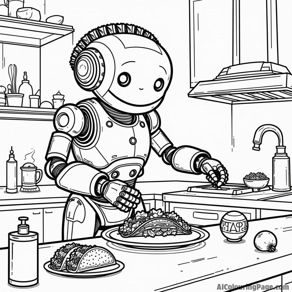 A taco robot cooking in a futuristic kitchen, with gadgets and tools, making colorful tacos for its friends.