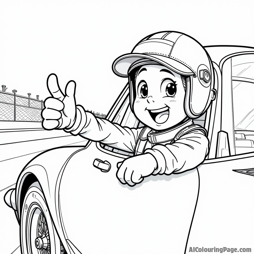 A race car driver giving a thumbs up from the window of their vehicle, smiling at fans, capturing the friendly spirit of racing in a charming coloring page.