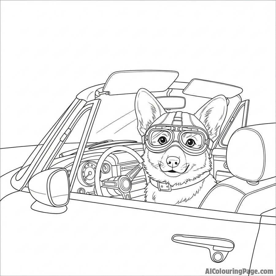 A corgi in the driver's seat of a classic convertible car, wearing driving goggles.